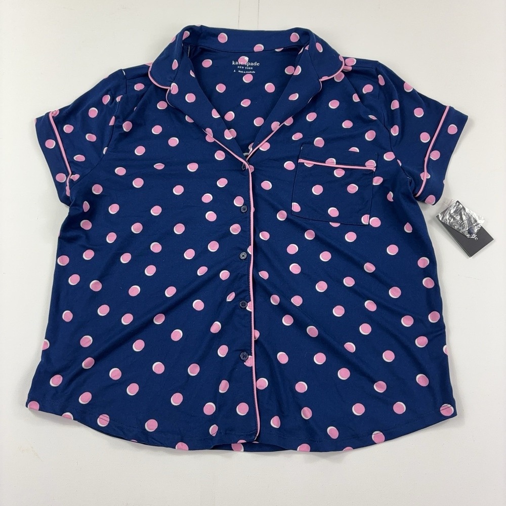 Kate Spade New York Pajama Top Womens L Blue Polka Dot Short Sleeve Button Up